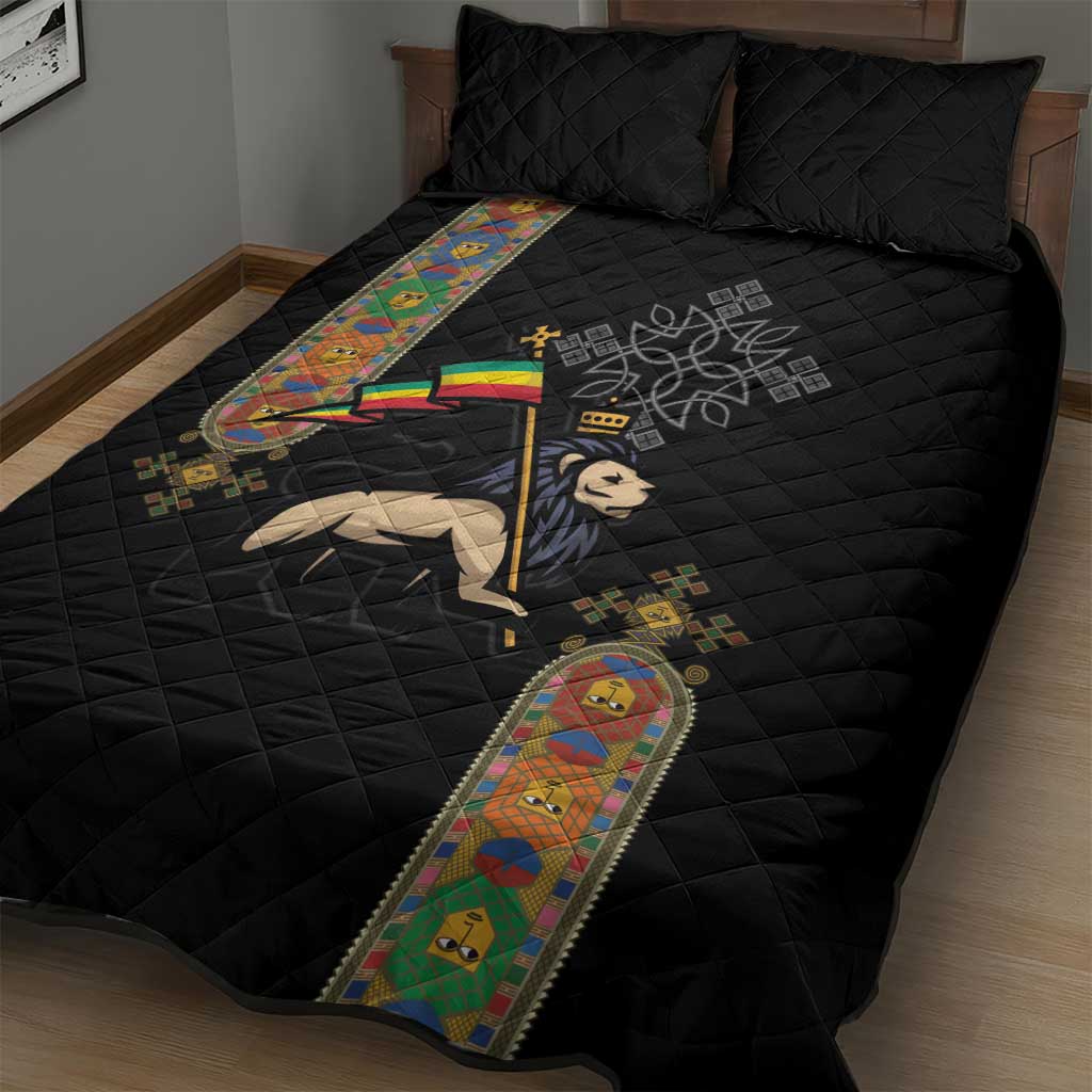 Ethiopia Saba Kemis Quilt Bed Set Ethiopian Cross Lion Of Judah Black Color