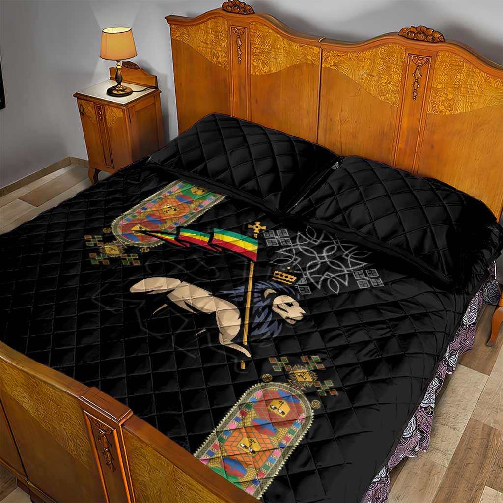 Ethiopia Saba Kemis Quilt Bed Set Ethiopian Cross Lion Of Judah Black Color