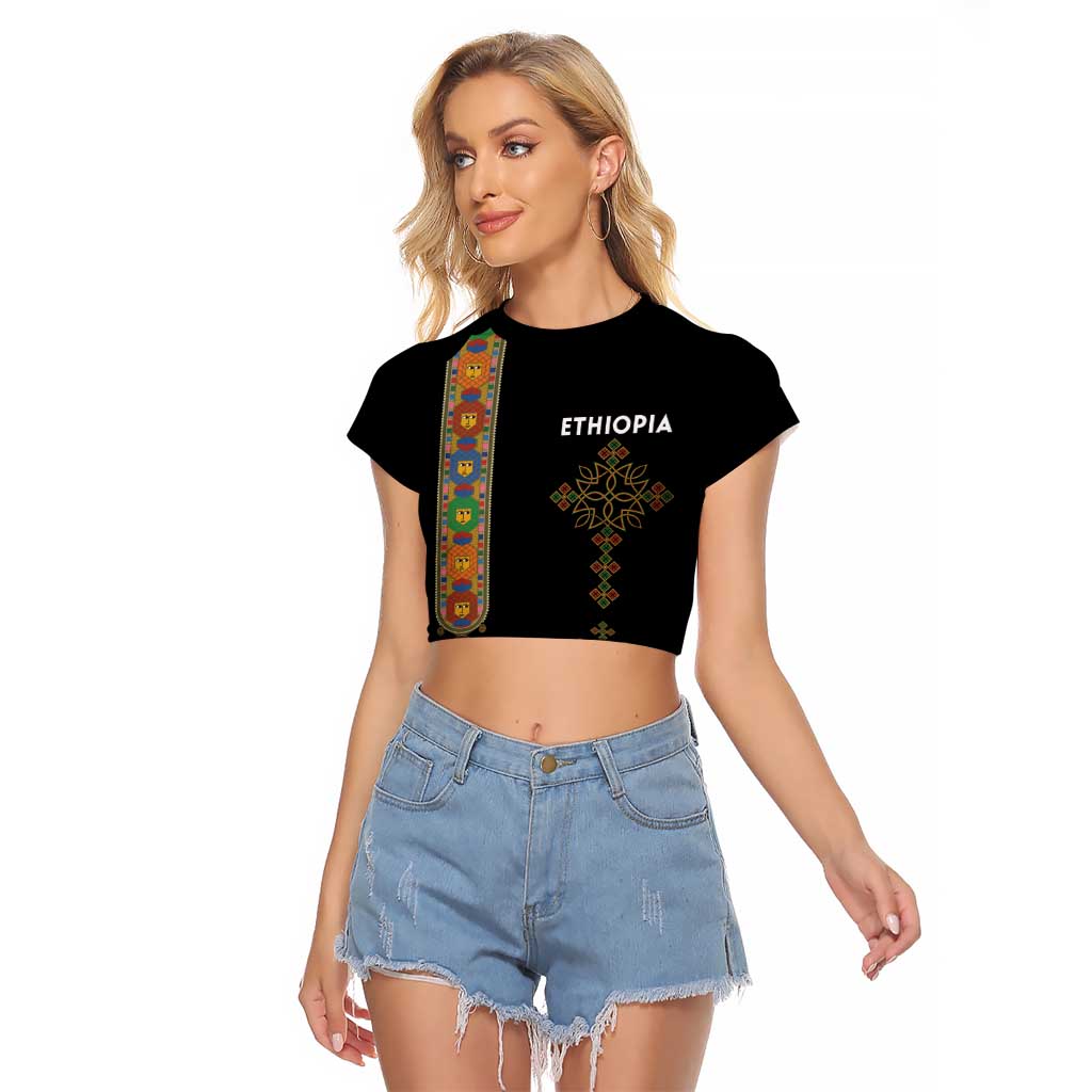 Ethiopia Saba Kemis Raglan Cropped T Shirt Ethiopian Cross Lion Of Judah Black Color