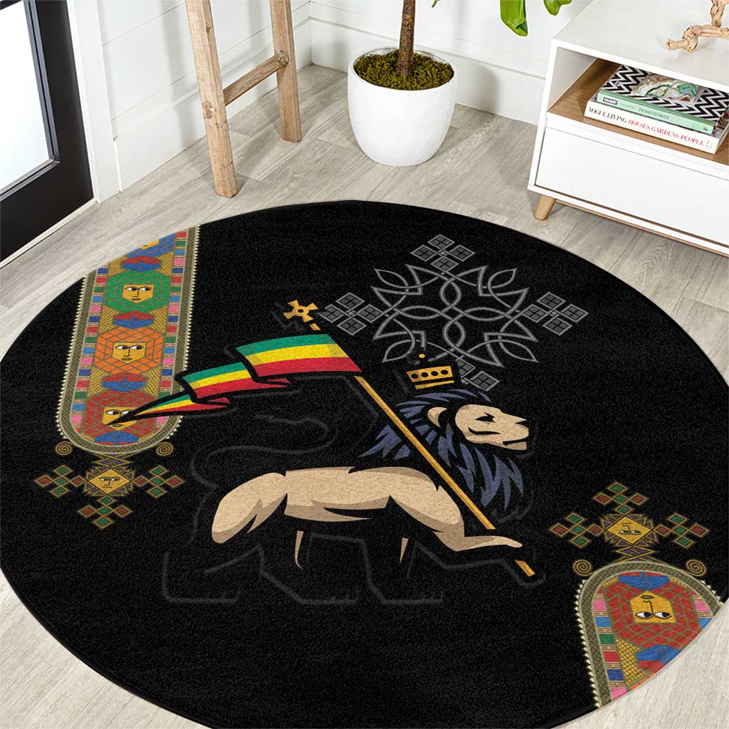 Ethiopia Saba Kemis Round Carpet Ethiopian Cross Lion Of Judah Black Color