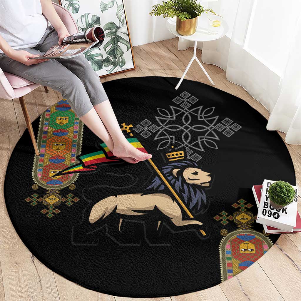 Ethiopia Saba Kemis Round Carpet Ethiopian Cross Lion Of Judah Black Color