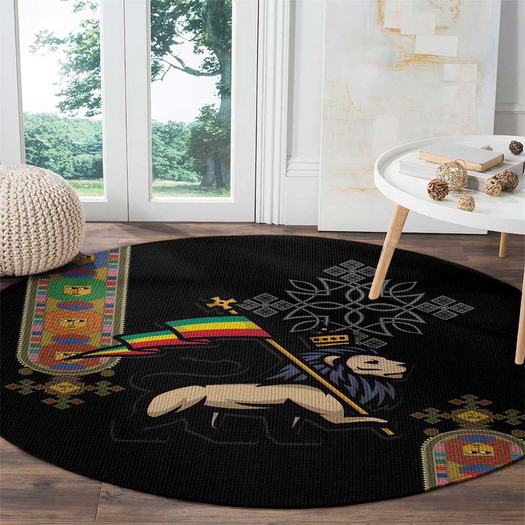 Ethiopia Saba Kemis Round Carpet Ethiopian Cross Lion Of Judah Black Color