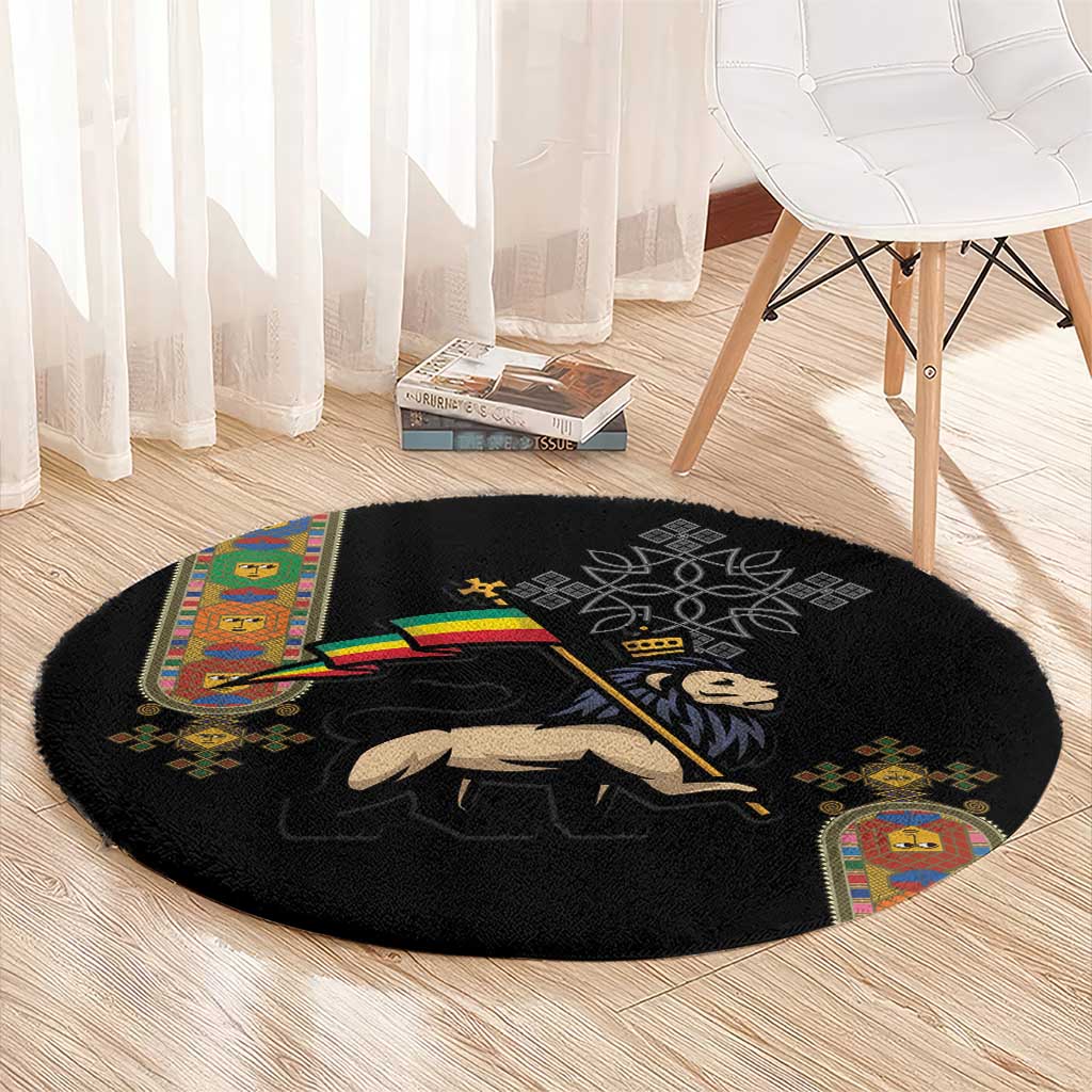 Ethiopia Saba Kemis Round Carpet Ethiopian Cross Lion Of Judah Black Color