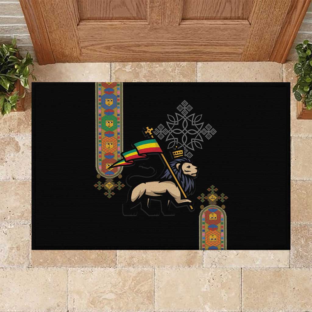 Ethiopia Saba Kemis Rubber Doormat Ethiopian Cross Lion Of Judah Black Color