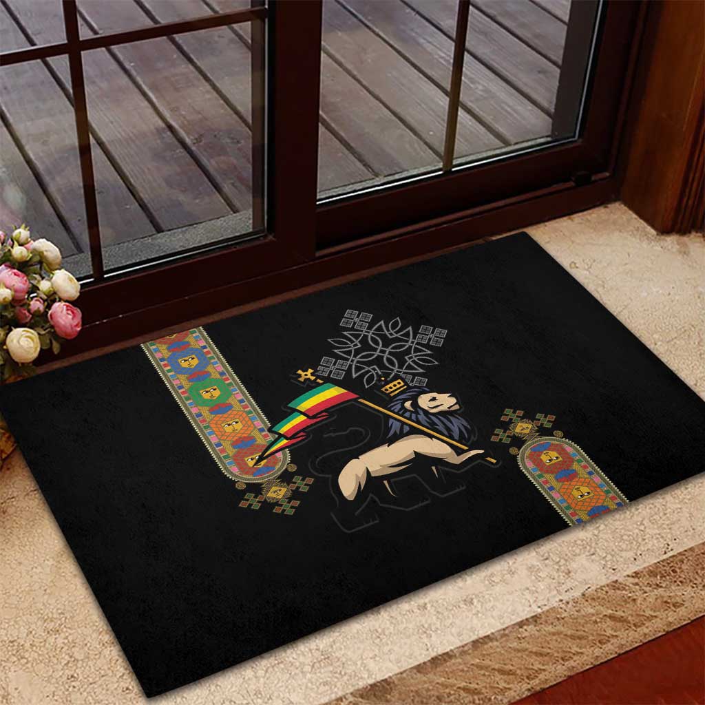 Ethiopia Saba Kemis Rubber Doormat Ethiopian Cross Lion Of Judah Black Color