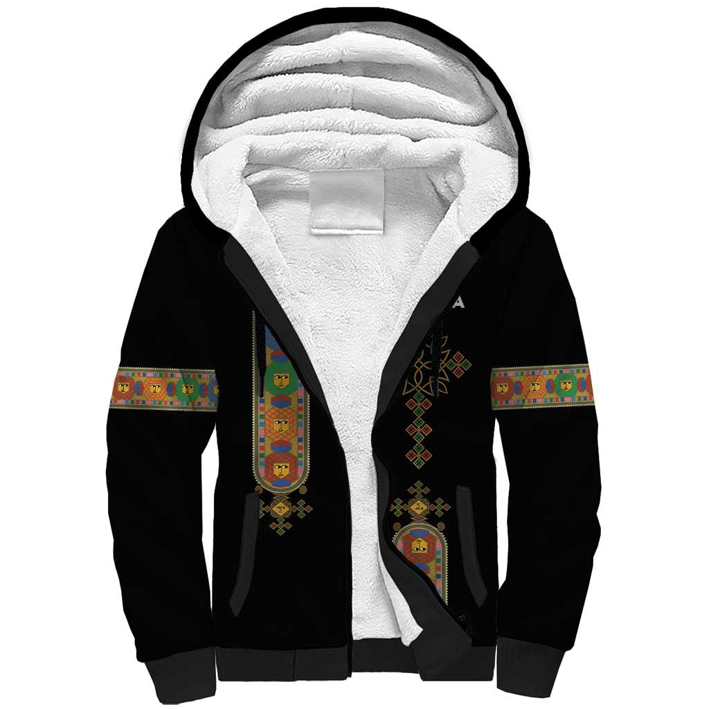 Ethiopia Saba Kemis Sherpa Hoodie Ethiopian Cross Lion Of Judah Black Color