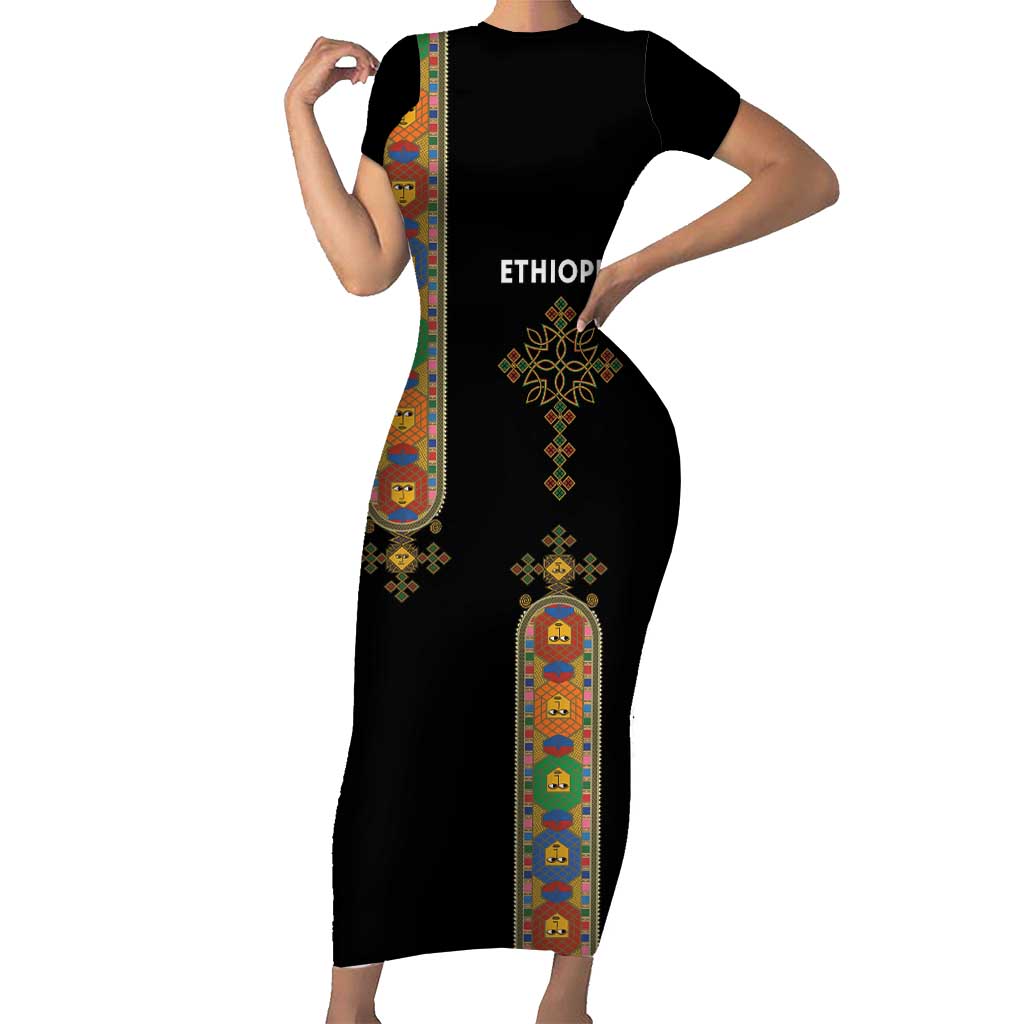 Ethiopia Saba Kemis Short Sleeve Bodycon Dress Ethiopian Cross Lion Of Judah Black Color