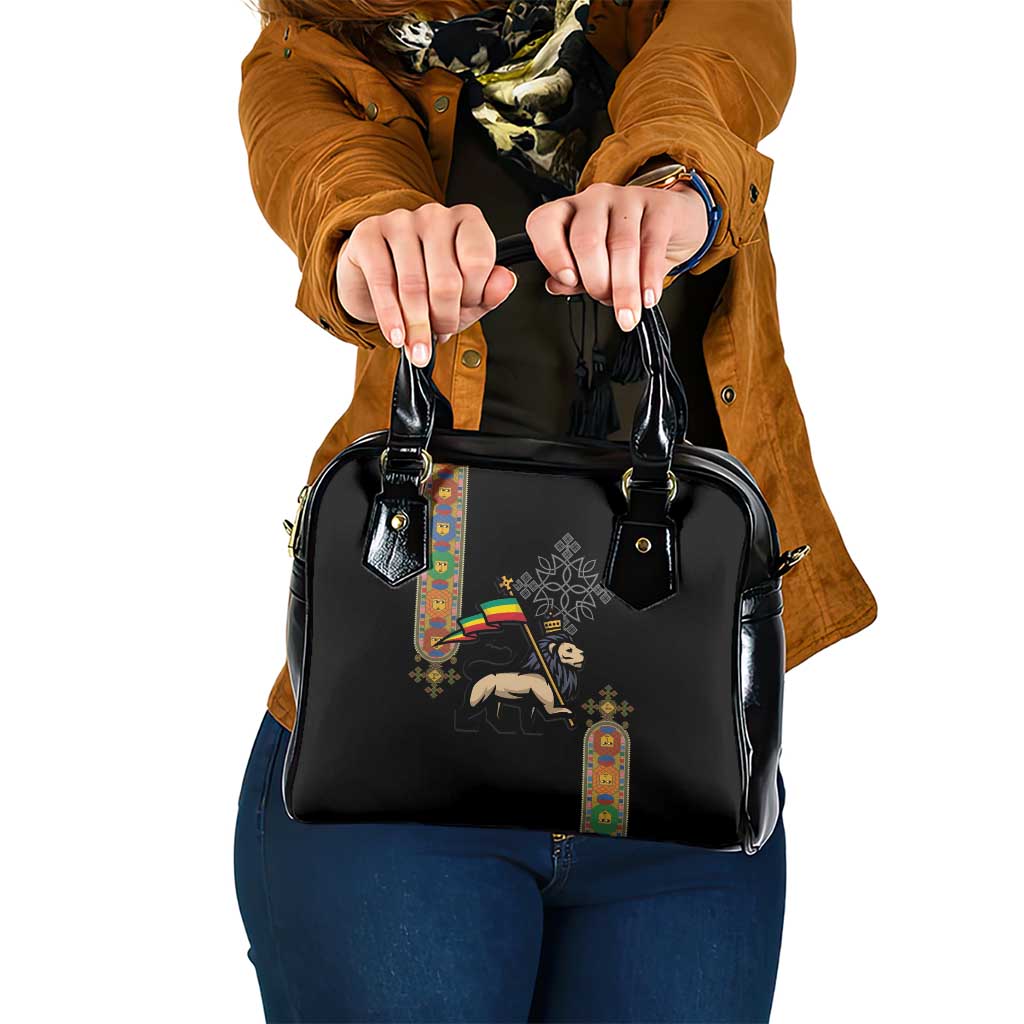 Ethiopia Saba Kemis Shoulder Handbag Ethiopian Cross Lion Of Judah Black Color