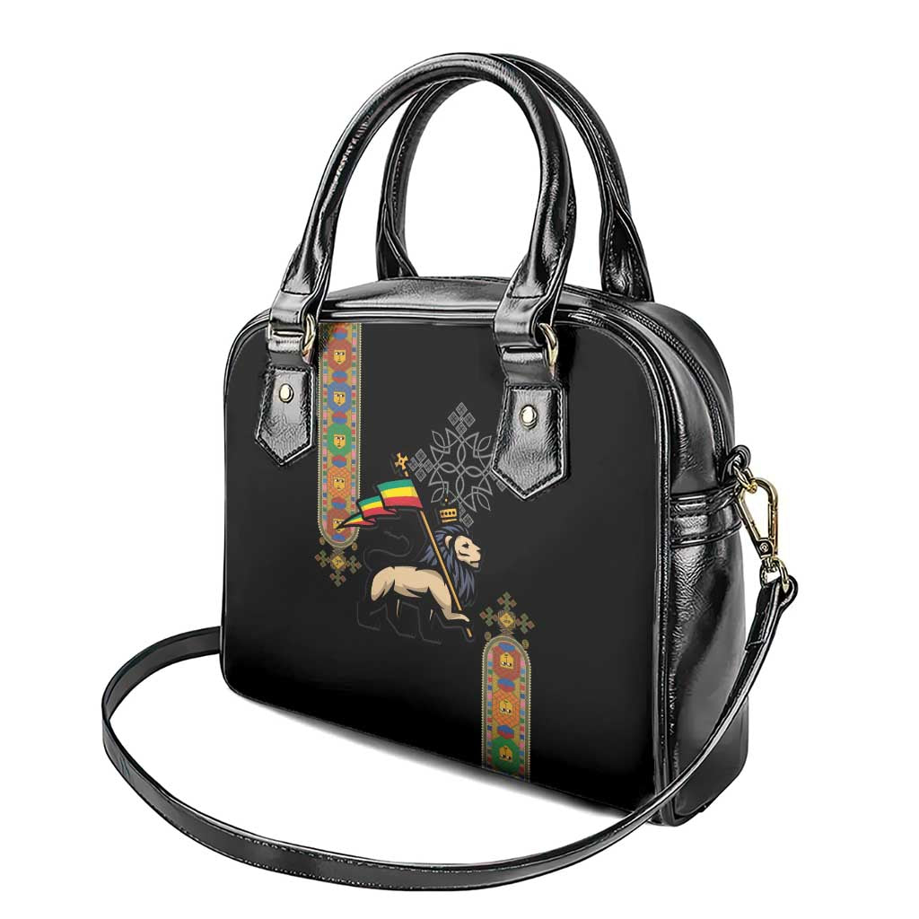 Ethiopia Saba Kemis Shoulder Handbag Ethiopian Cross Lion Of Judah Black Color