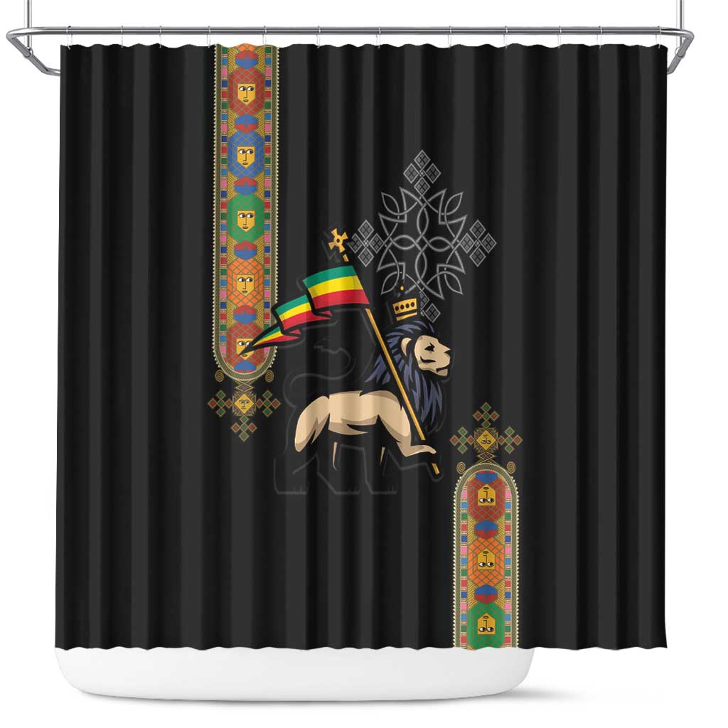 Ethiopia Saba Kemis Shower Curtain Ethiopian Cross Lion Of Judah Black Color