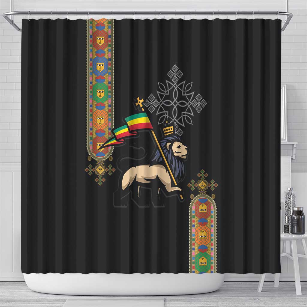 Ethiopia Saba Kemis Shower Curtain Ethiopian Cross Lion Of Judah Black Color