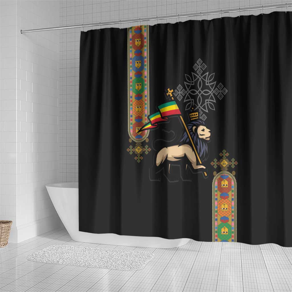 Ethiopia Saba Kemis Shower Curtain Ethiopian Cross Lion Of Judah Black Color