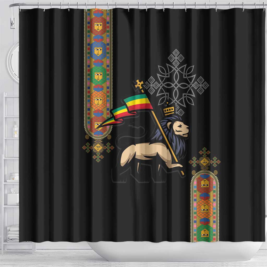 Ethiopia Saba Kemis Shower Curtain Ethiopian Cross Lion Of Judah Black Color