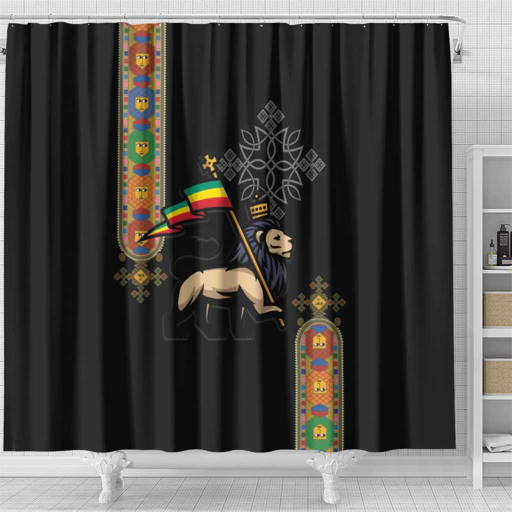 Ethiopia Saba Kemis Shower Curtain Ethiopian Cross Lion Of Judah Black Color