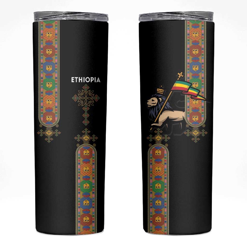 Ethiopia Saba Kemis Skinny Tumbler Ethiopian Cross Lion Of Judah Black Color