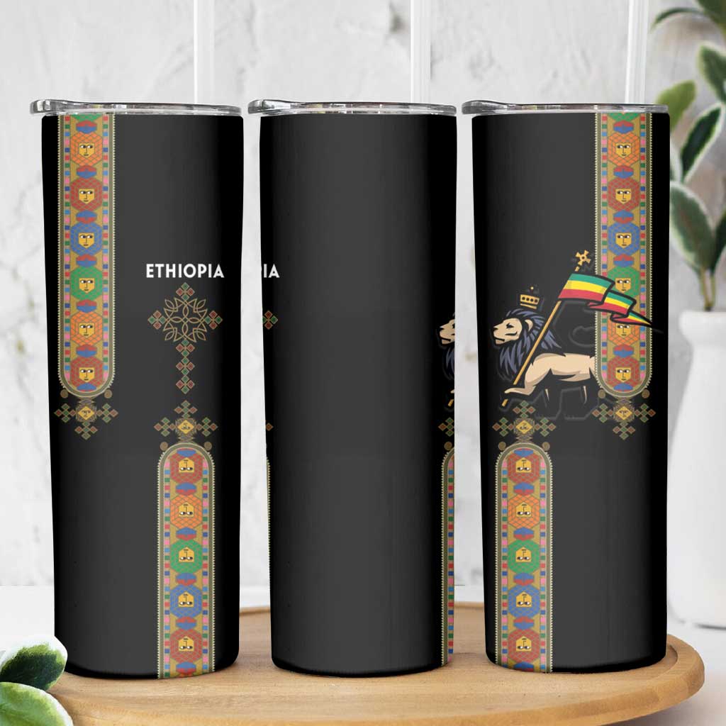 Ethiopia Saba Kemis Skinny Tumbler Ethiopian Cross Lion Of Judah Black Color
