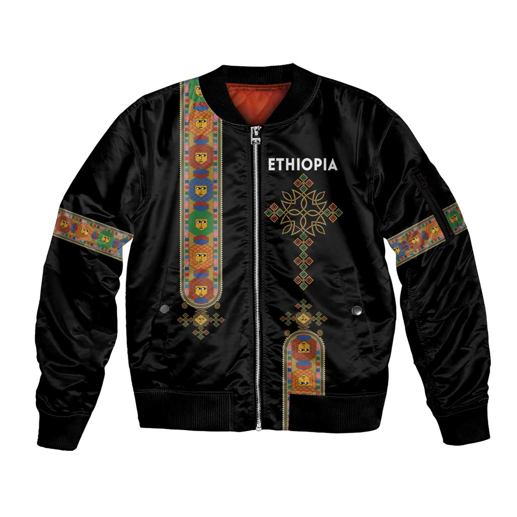 Ethiopia Saba Kemis Sleeve Zip Bomber Jacket Ethiopian Cross Lion Of Judah Black Color