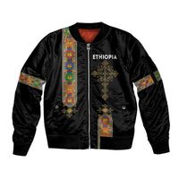 Ethiopia Saba Kemis Sleeve Zip Bomber Jacket Ethiopian Cross Lion Of Judah Black Color