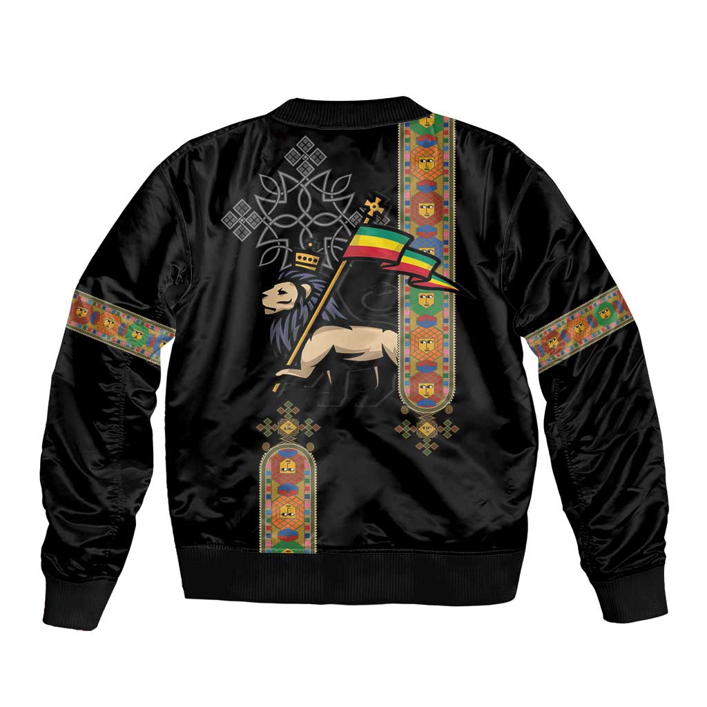 Ethiopia Saba Kemis Sleeve Zip Bomber Jacket Ethiopian Cross Lion Of Judah Black Color
