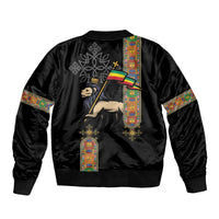 Ethiopia Saba Kemis Sleeve Zip Bomber Jacket Ethiopian Cross Lion Of Judah Black Color