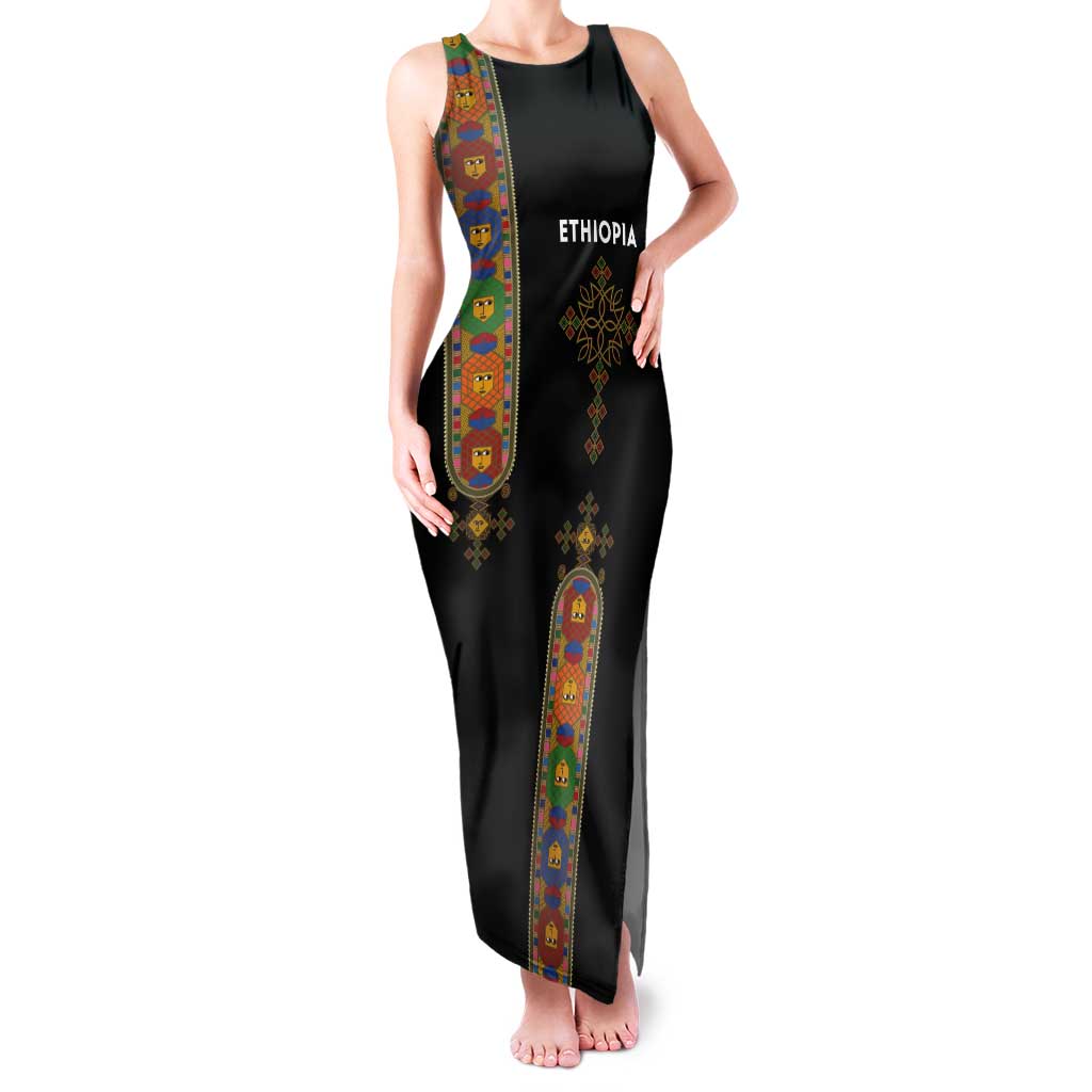 Ethiopia Saba Kemis Tank Maxi Dress Ethiopian Cross Lion Of Judah Black Color