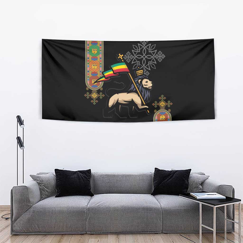 Ethiopia Saba Kemis Tapestry Ethiopian Cross Lion Of Judah Black Color