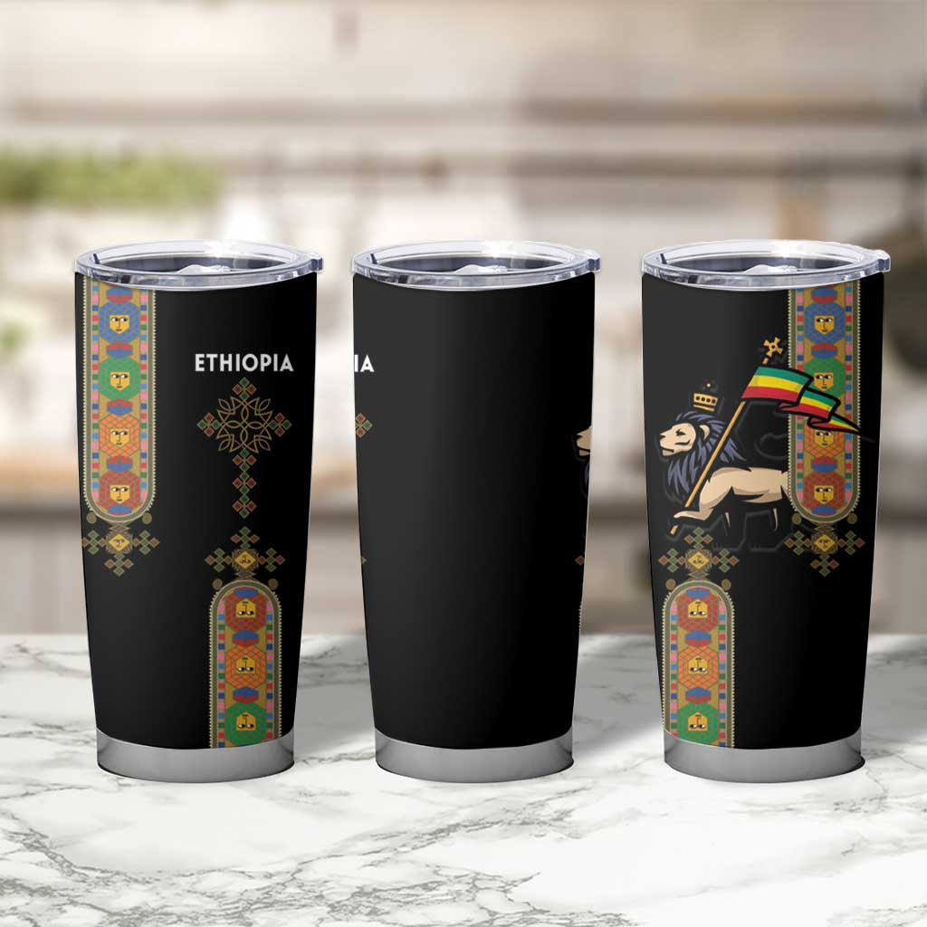 Ethiopia Saba Kemis Tumbler Cup Ethiopian Cross Lion Of Judah Black Color