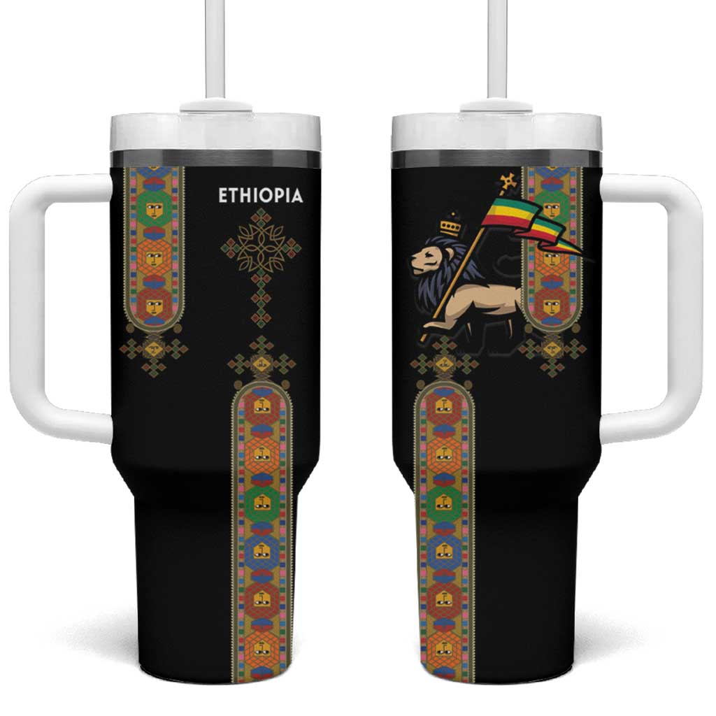Ethiopia Saba Kemis Tumbler With Handle Ethiopian Cross Lion Of Judah Black Color