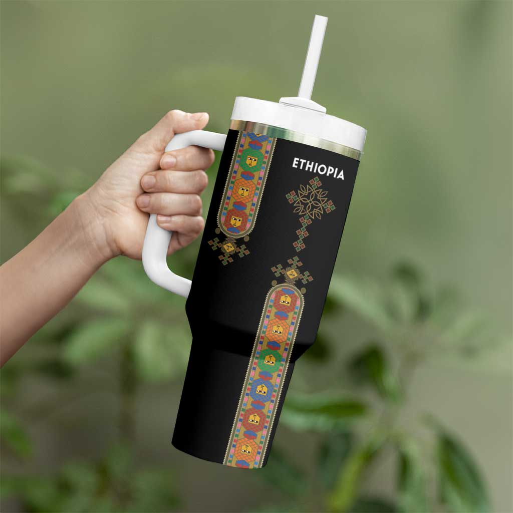 Ethiopia Saba Kemis Tumbler With Handle Ethiopian Cross Lion Of Judah Black Color