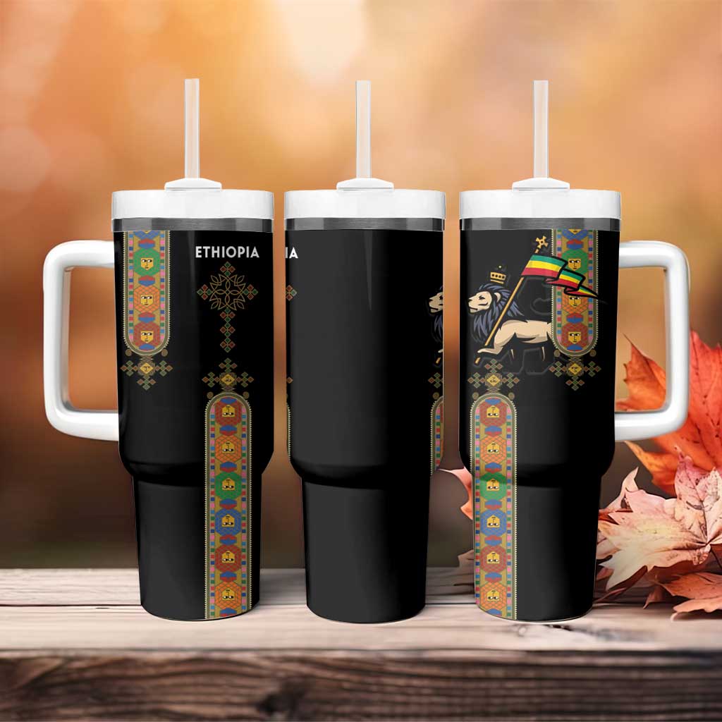 Ethiopia Saba Kemis Tumbler With Handle Ethiopian Cross Lion Of Judah Black Color