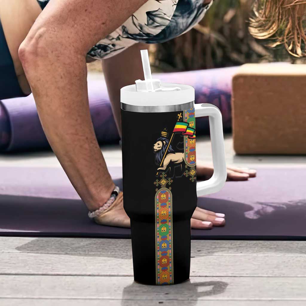 Ethiopia Saba Kemis Tumbler With Handle Ethiopian Cross Lion Of Judah Black Color