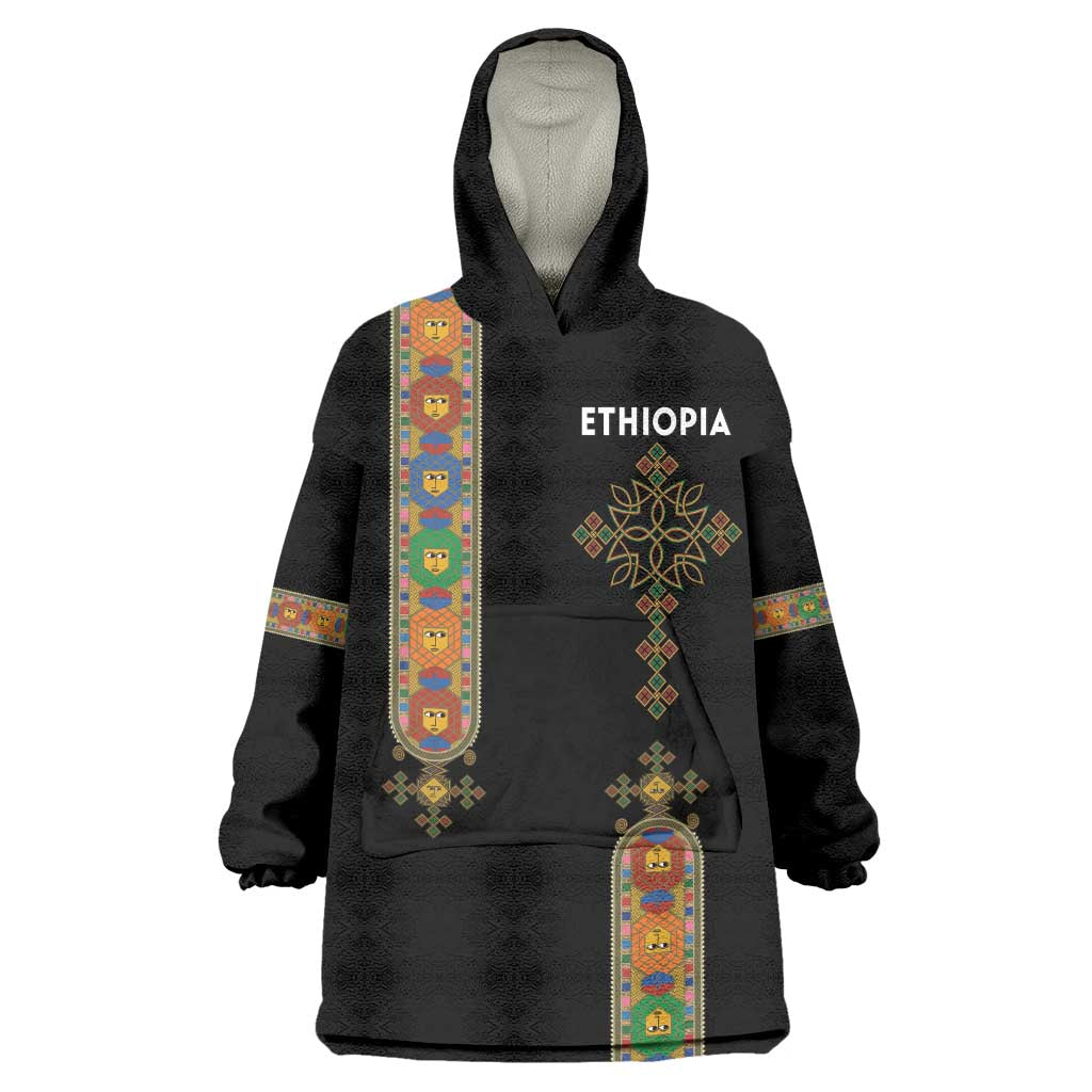 Ethiopia Saba Kemis Wearable Blanket Hoodie Ethiopian Cross Lion Of Judah Black Color