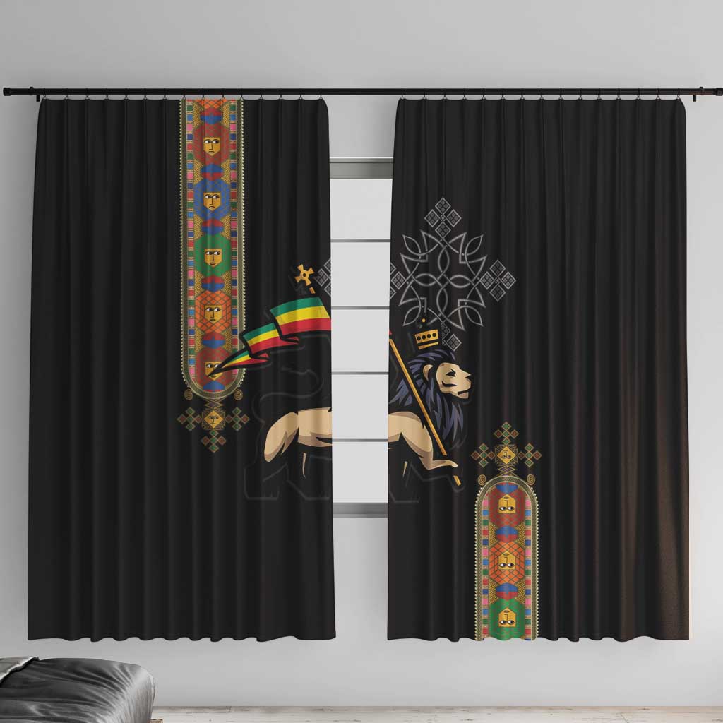Ethiopia Saba Kemis Window Curtain Ethiopian Cross Lion Of Judah Black Color