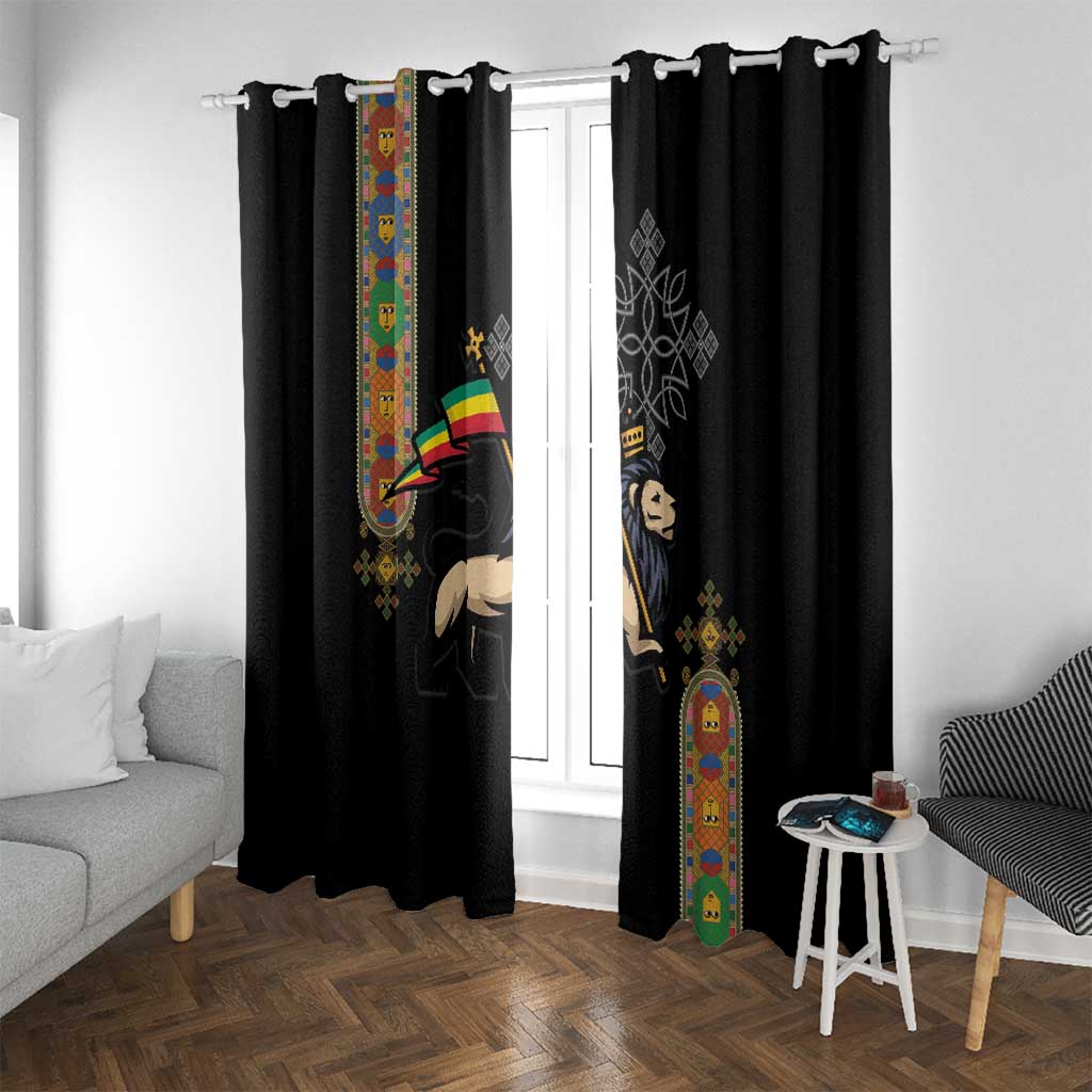 Ethiopia Saba Kemis Window Curtain Ethiopian Cross Lion Of Judah Black Color