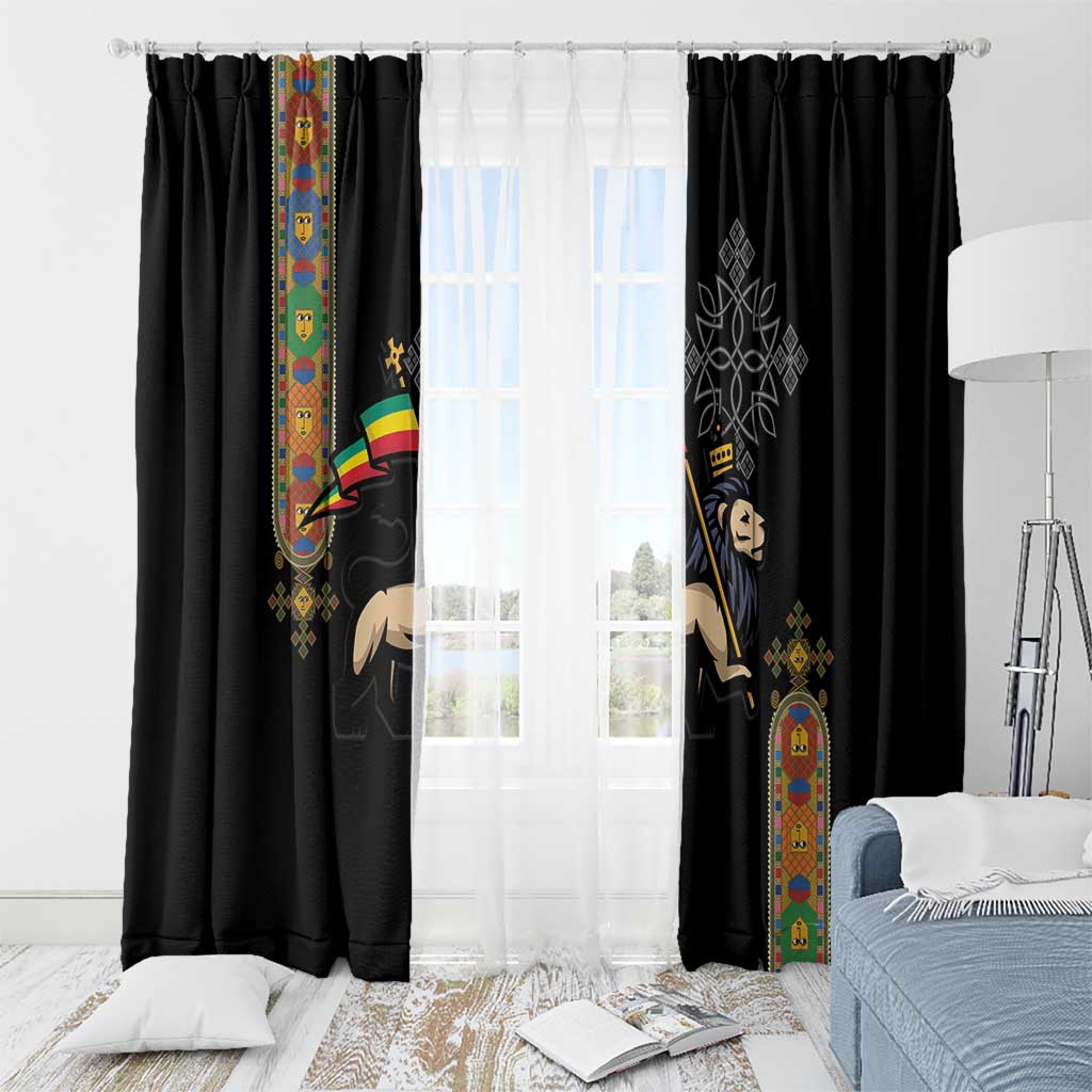 Ethiopia Saba Kemis Window Curtain Ethiopian Cross Lion Of Judah Black Color