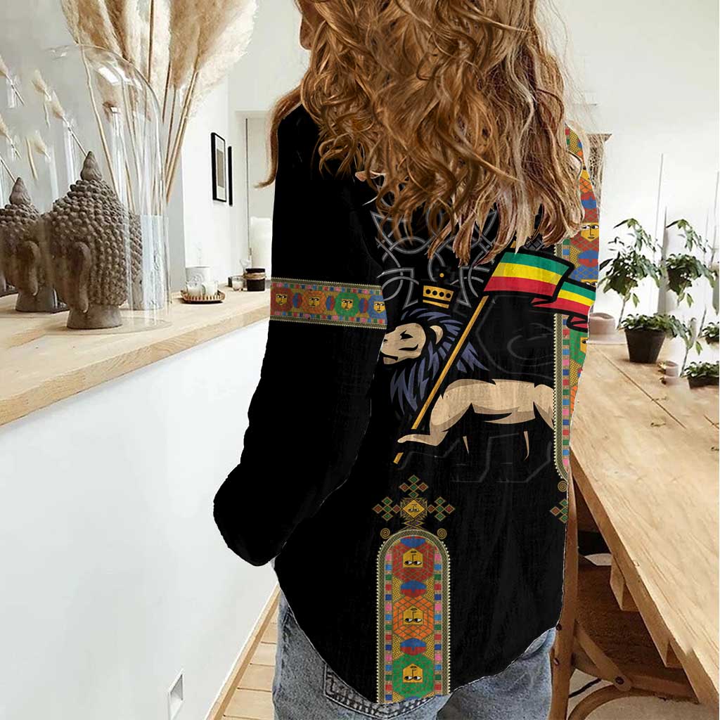 Ethiopia Saba Kemis Women Casual Shirt Ethiopian Cross Lion Of Judah Black Color