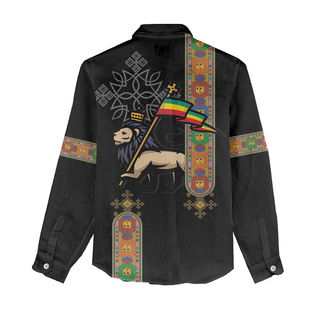 Ethiopia Saba Kemis Women Casual Shirt Ethiopian Cross Lion Of Judah Black Color