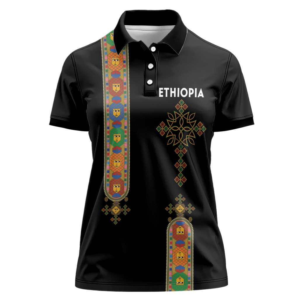 Ethiopia Saba Kemis Women Polo Shirt Ethiopian Cross Lion Of Judah Black Color