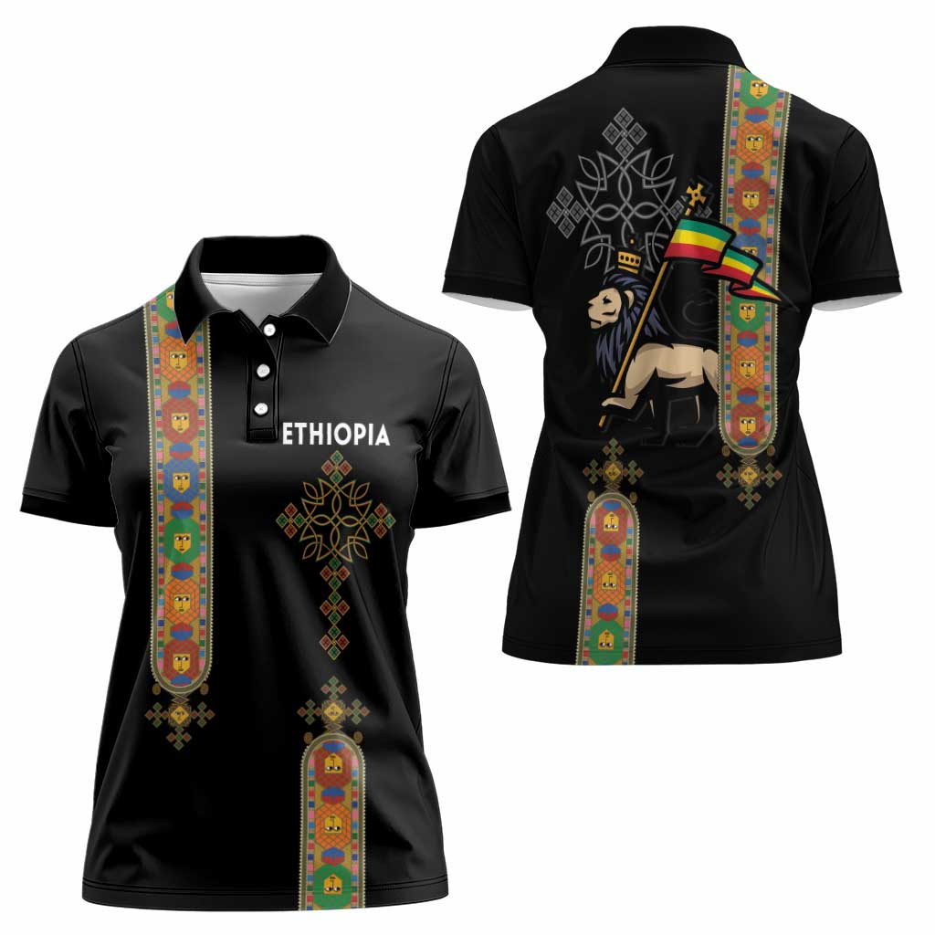 Ethiopia Saba Kemis Women Polo Shirt Ethiopian Cross Lion Of Judah Black Color