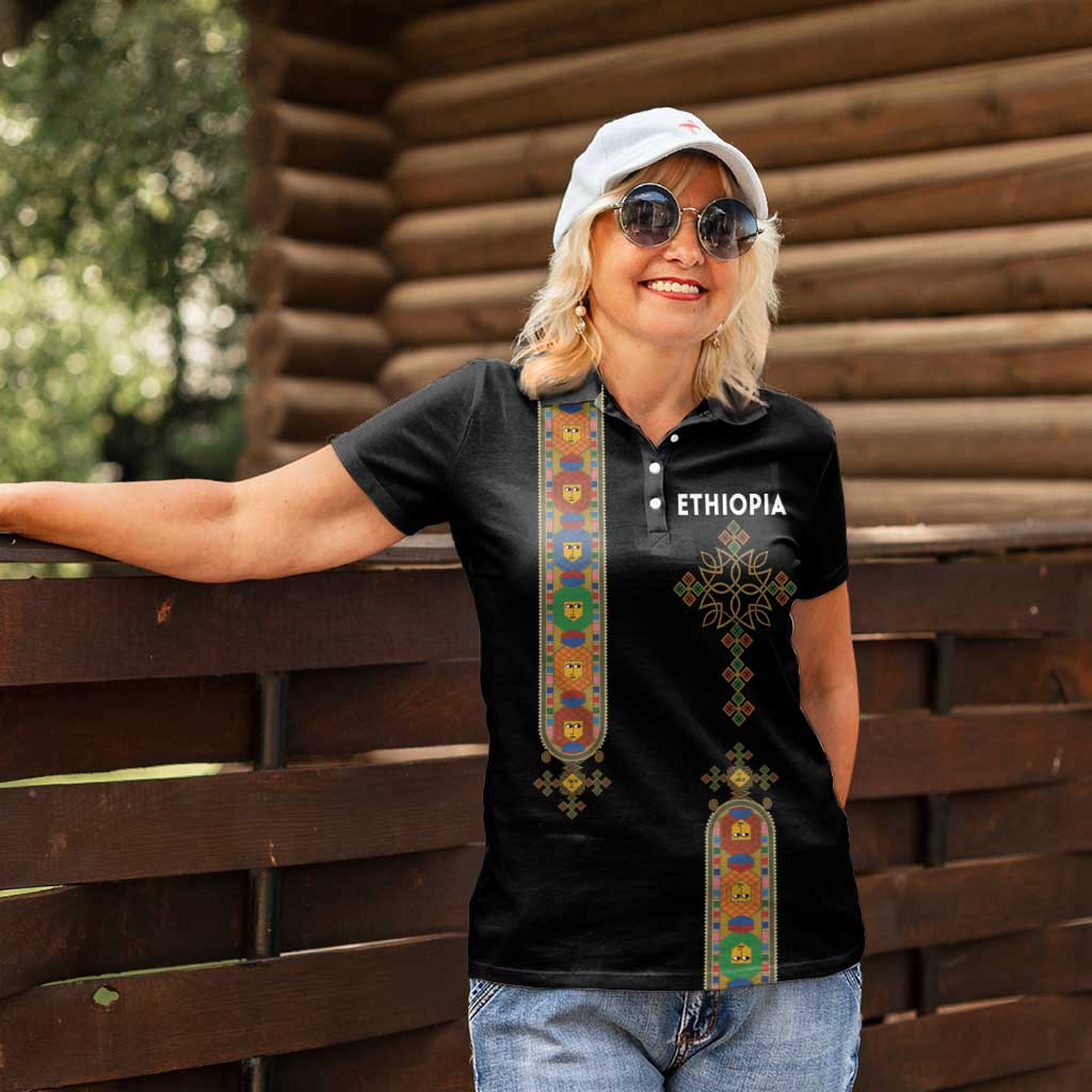 Ethiopia Saba Kemis Women Polo Shirt Ethiopian Cross Lion Of Judah Black Color