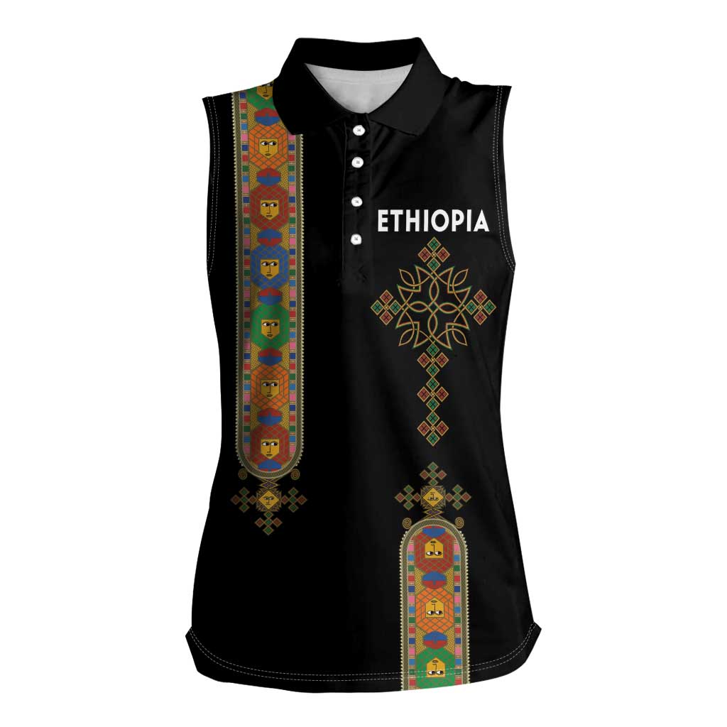 Ethiopia Saba Kemis Women Sleeveless Polo Shirt Ethiopian Cross Lion Of Judah Black Color
