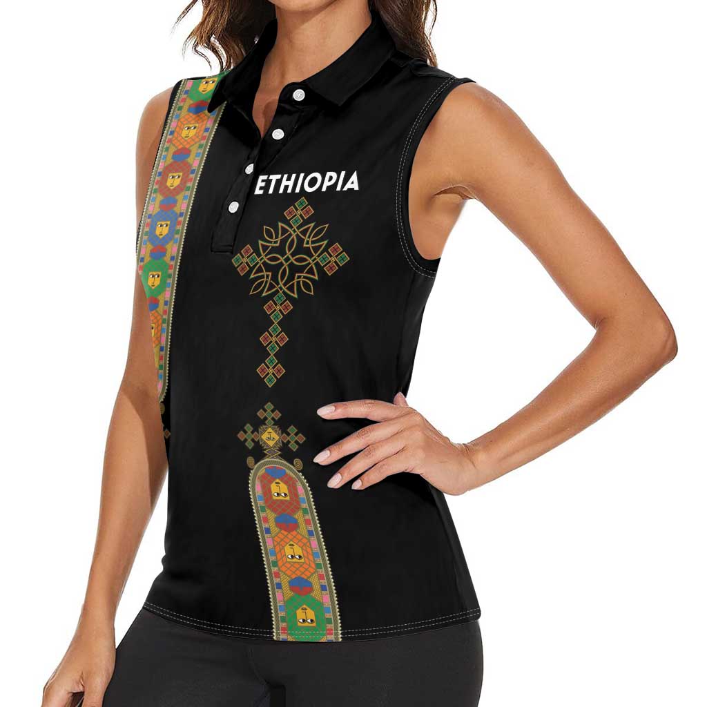 Ethiopia Saba Kemis Women Sleeveless Polo Shirt Ethiopian Cross Lion Of Judah Black Color