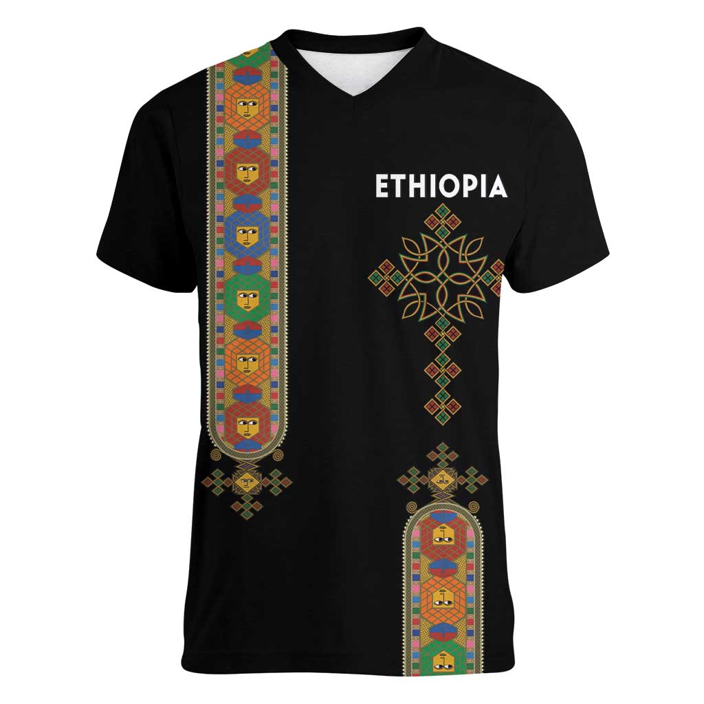 Ethiopia Saba Kemis Women V-Neck T-Shirt Ethiopian Cross Lion Of Judah Black Color
