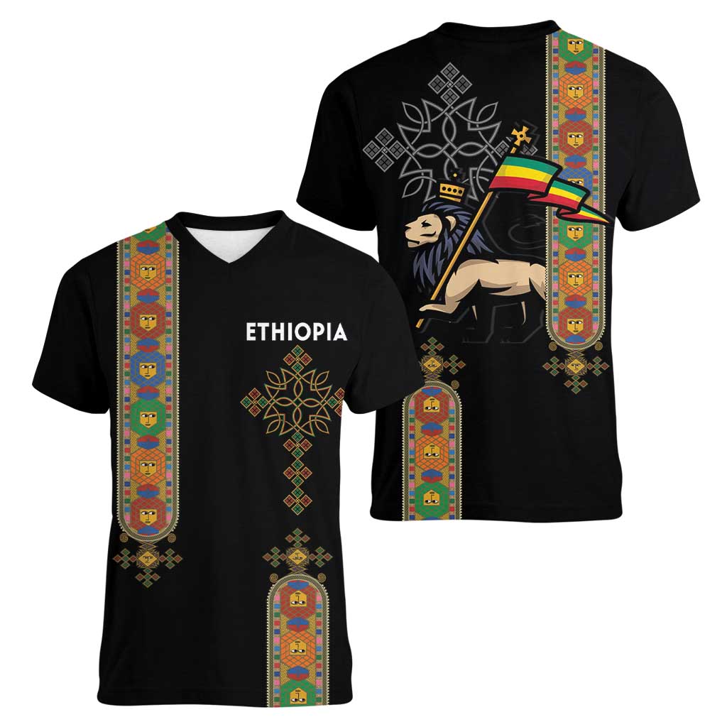 Ethiopia Saba Kemis Women V-Neck T-Shirt Ethiopian Cross Lion Of Judah Black Color
