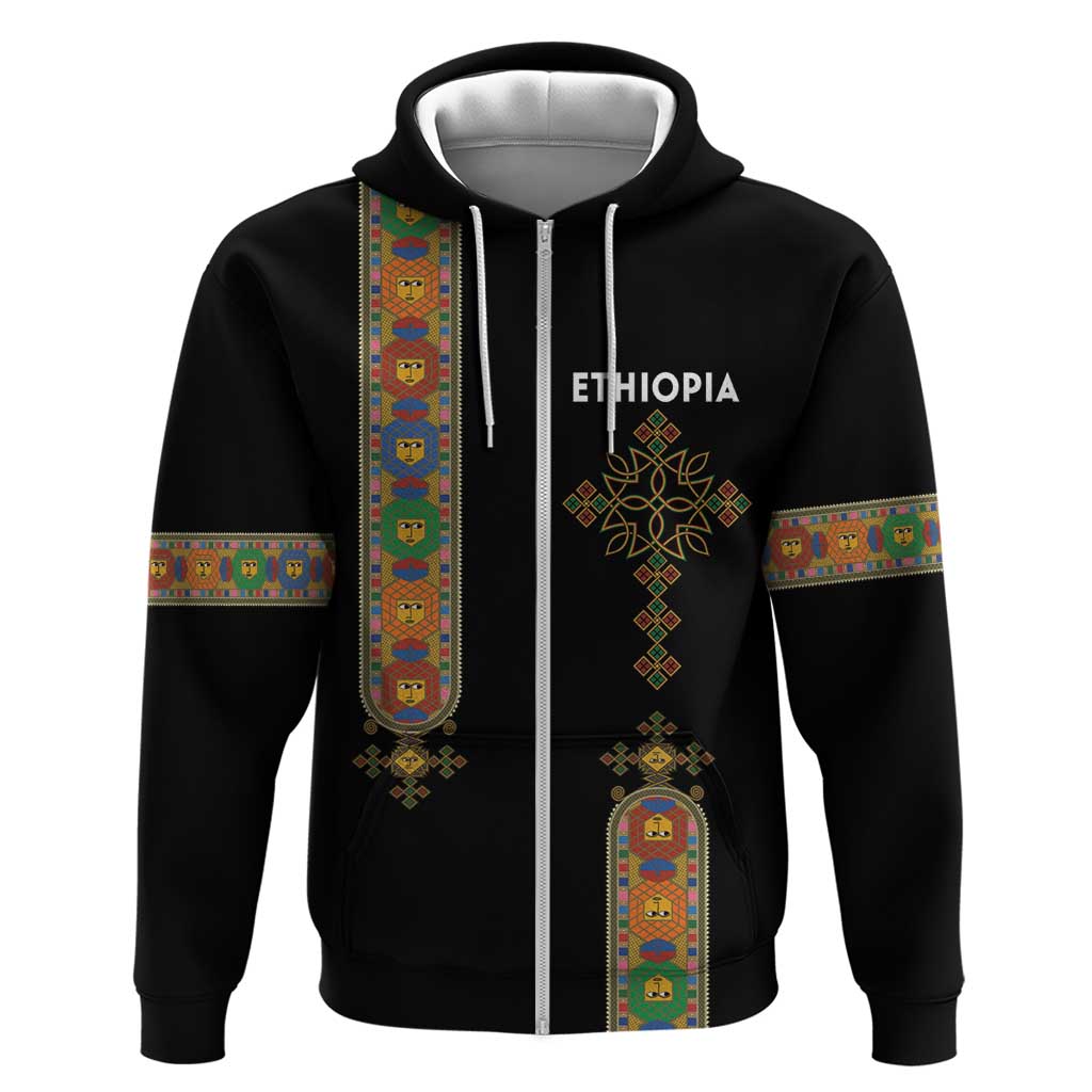 Ethiopia Saba Kemis Zip Hoodie Ethiopian Cross Lion Of Judah Black Color