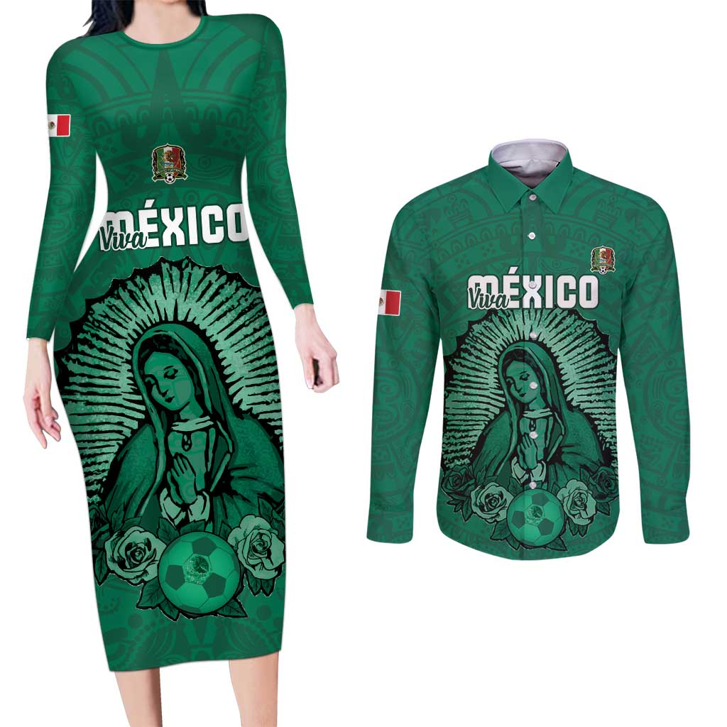 Custom Mexico Guadalupe Football Couples Matching Long Sleeve Bodycon Dress and Long Sleeve Button Shirt Viva Mexico