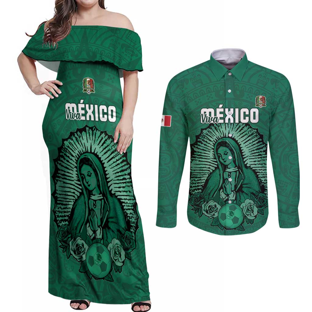 Custom Mexico Guadalupe Football Couples Matching Off Shoulder Maxi Dress and Long Sleeve Button Shirt Viva Mexico