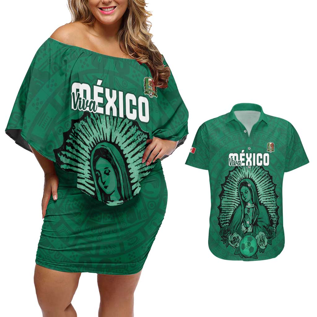 Custom Mexico Guadalupe Football Couples Matching Off Shoulder Short Dress and Hawaiian Shirt Viva Mexico