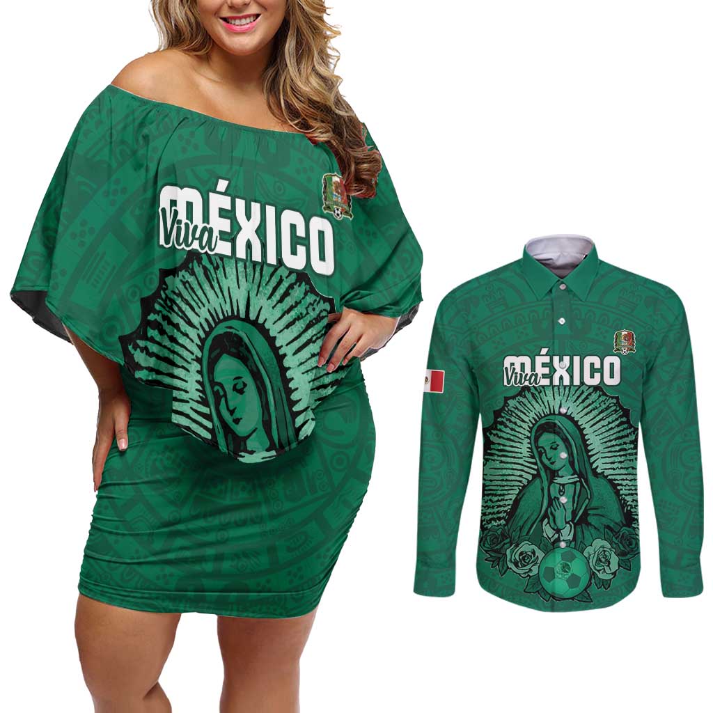 Custom Mexico Guadalupe Football Couples Matching Off Shoulder Short Dress and Long Sleeve Button Shirt Viva Mexico