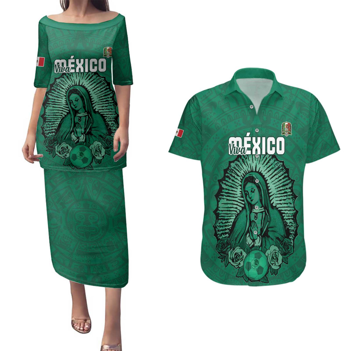 Custom Mexico Guadalupe Football Couples Matching Puletasi and Hawaiian Shirt Viva Mexico